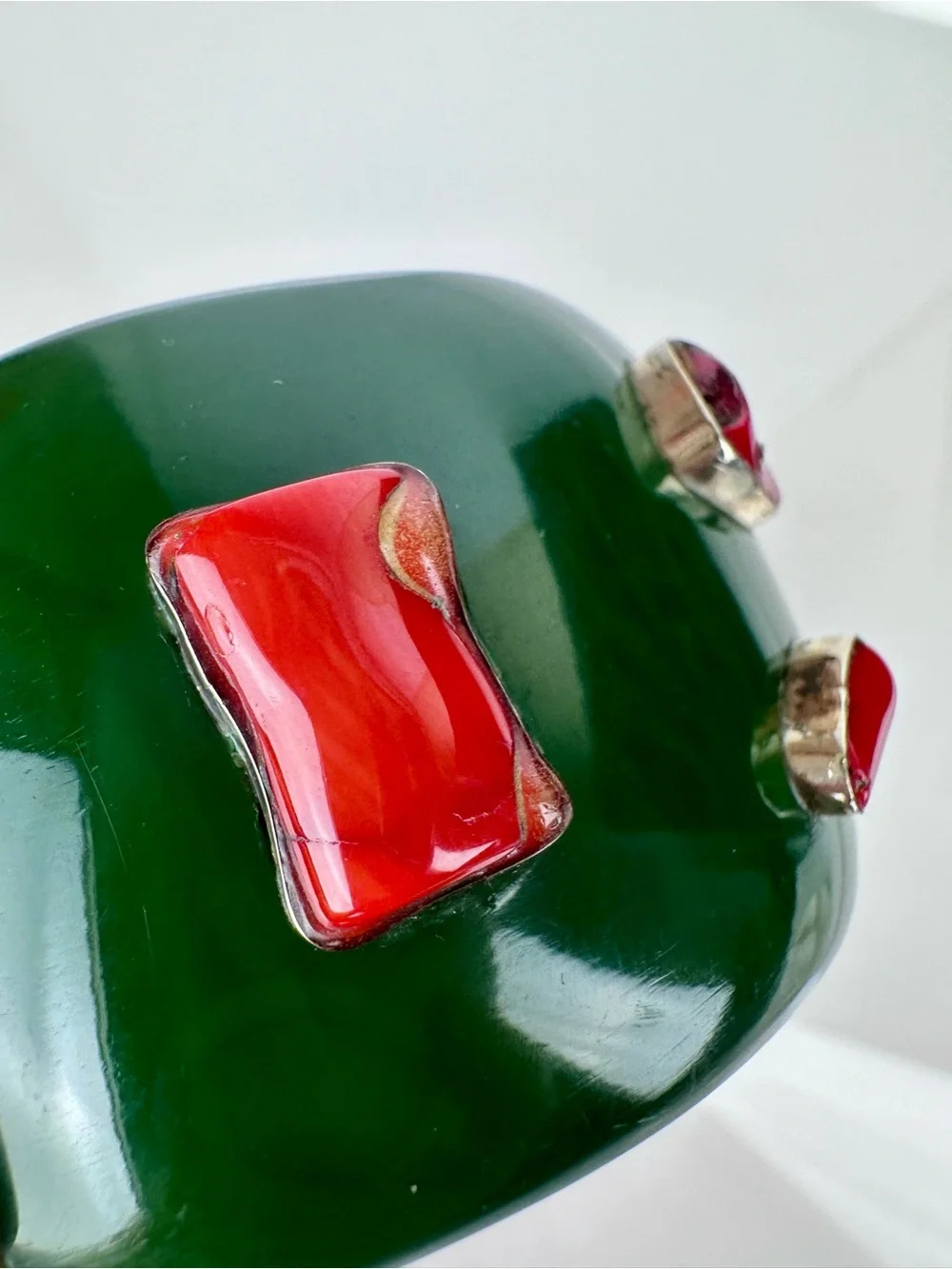 Massive Green Resin & Red Coral Sterling Silver Statement Cuff Bracelet - Picture 12 of 12